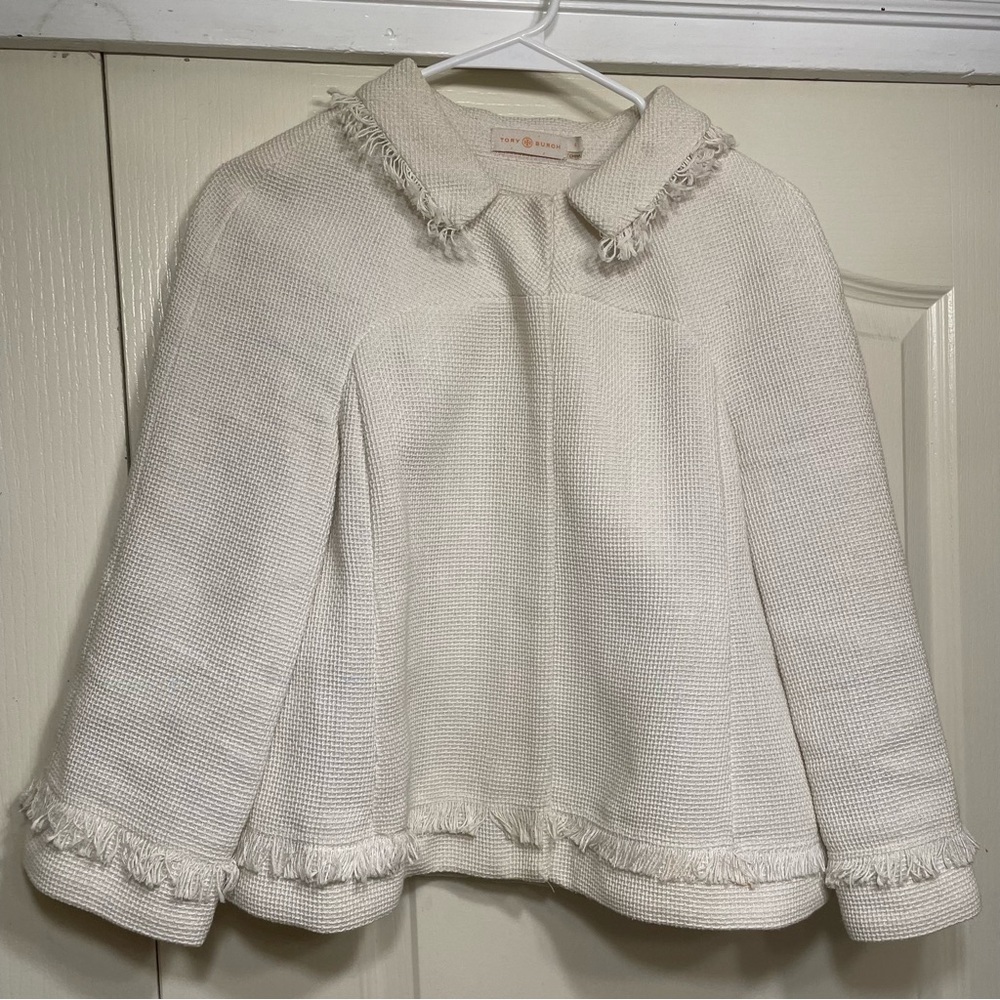 Tory Burch pique blazer/jacket zip up fringed ivory size 8